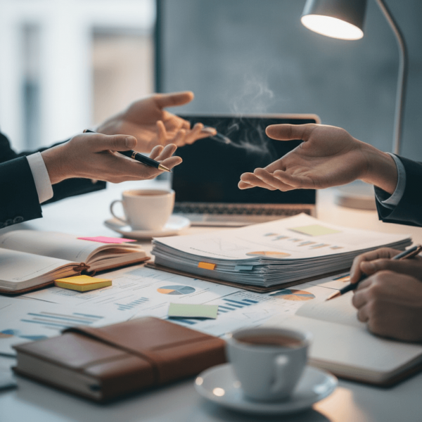 Équipe administrative PME en réunion analysant les gains de productivité d'un logiciel conforme